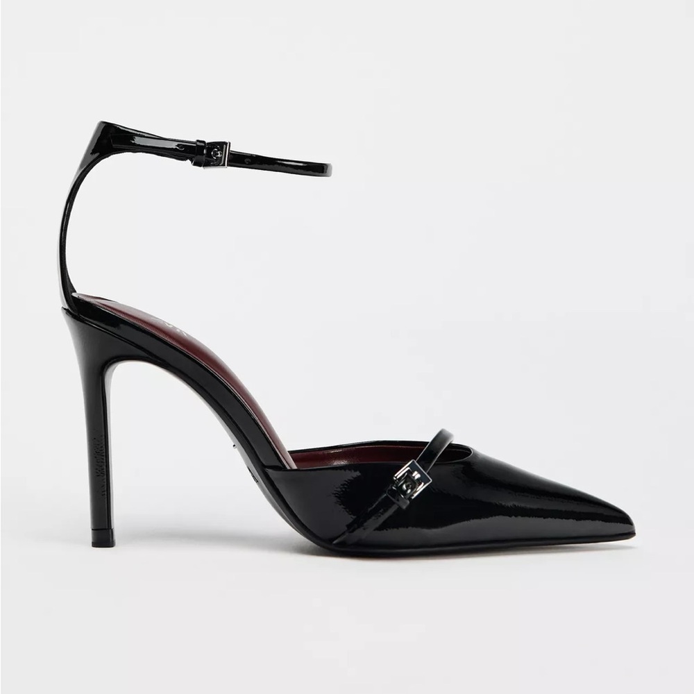 Zara Black Patent Pointed-Toe Ankle-Strap Pump